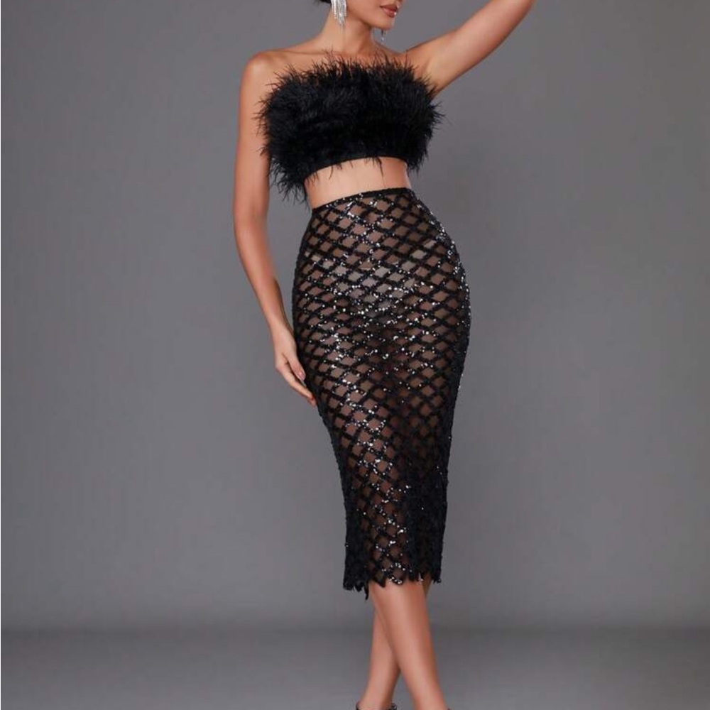 Black Embellished Midi Pencil Skirt
